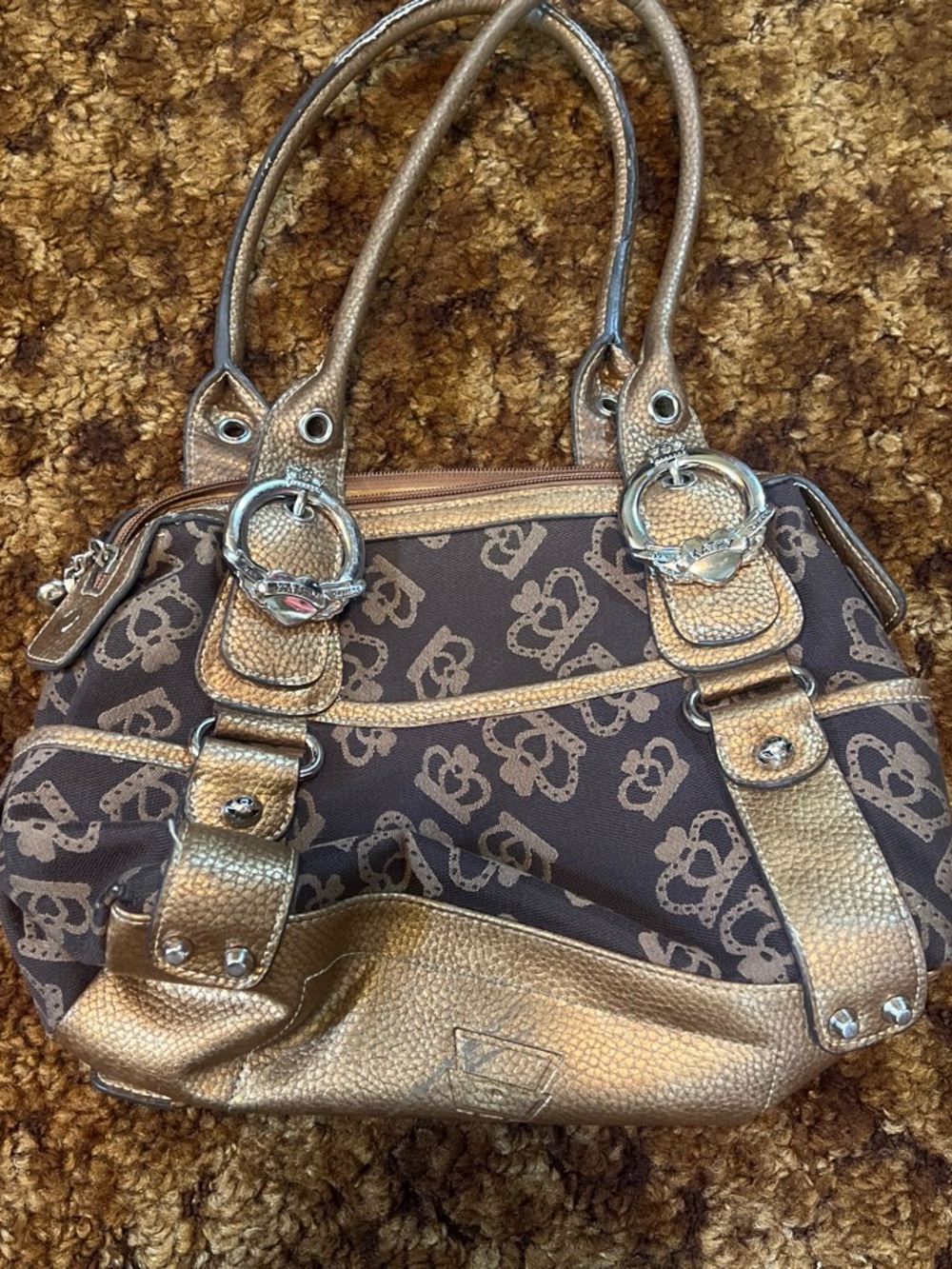Vintage rare y2k Kathy Van Zeeland Brown Patterned Shoulder Bag with Gold Trim - Picture 4 of 5